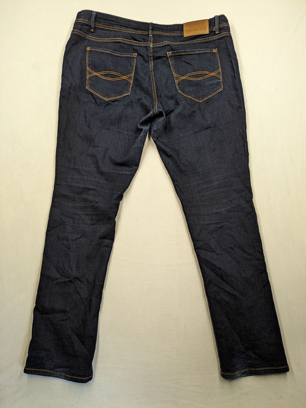 Okay blue straight jeans dark wash 5-pocket style with stretch material for comfort.