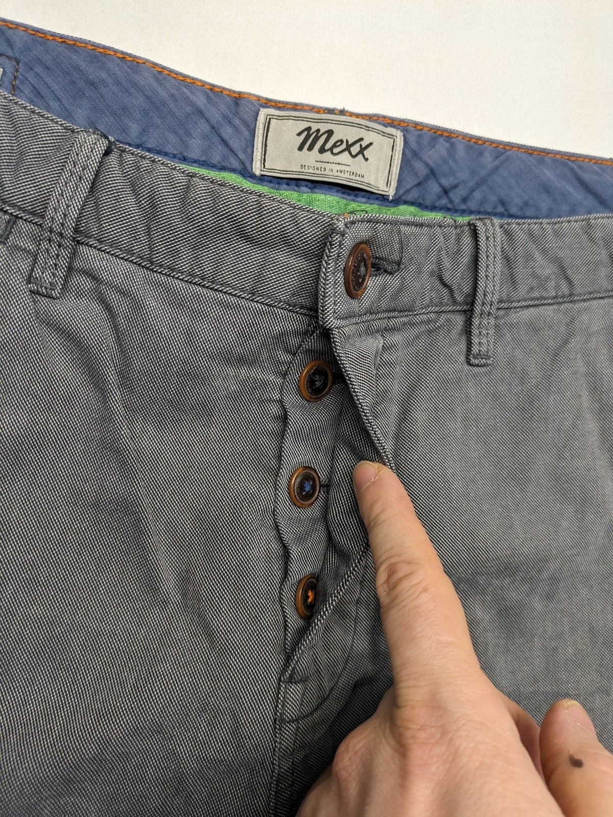 Mexx grey chino pants relaxed slim fit button fly with side pockets.