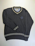 dunmore turtle neck jumper dark blue with striped trims and embroidered crest logo
