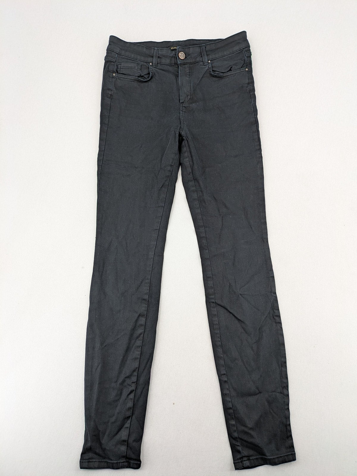 Massimo Dutti grey skinny fit jeans with coated finish and sleek silhouette.