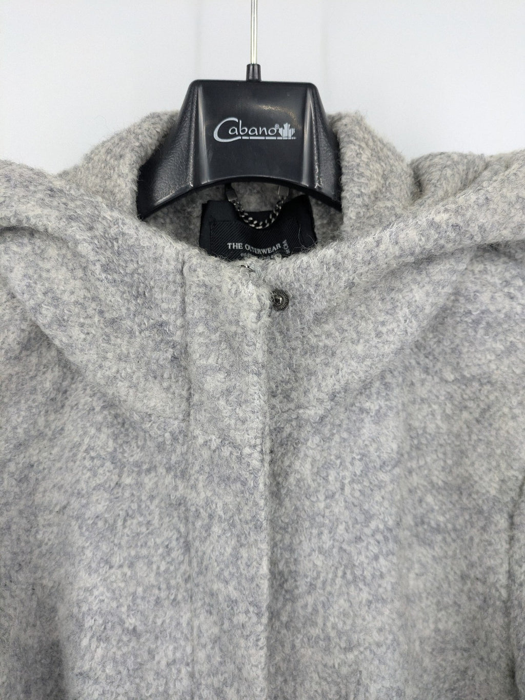 C&A grey jacket wool blend with hood, full zip, modern design, zip pockets.
