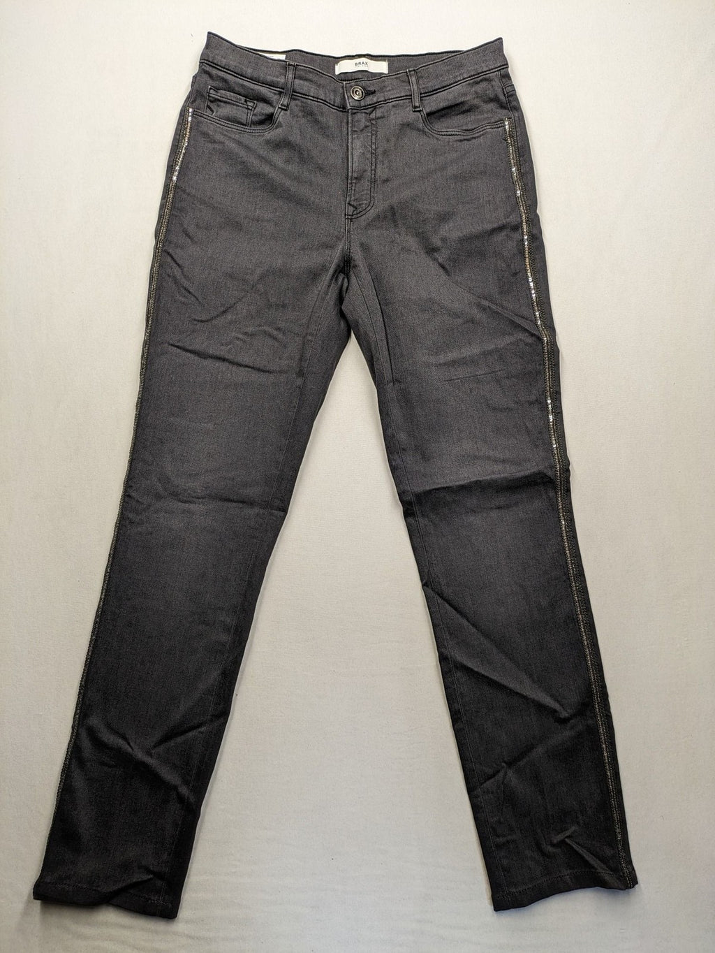 BRAX straight jeans grey with pearl detailing on outer seams, five-pocket style.