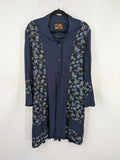 ARA long cardigan blue green geometric pattern with wide collar and button placket