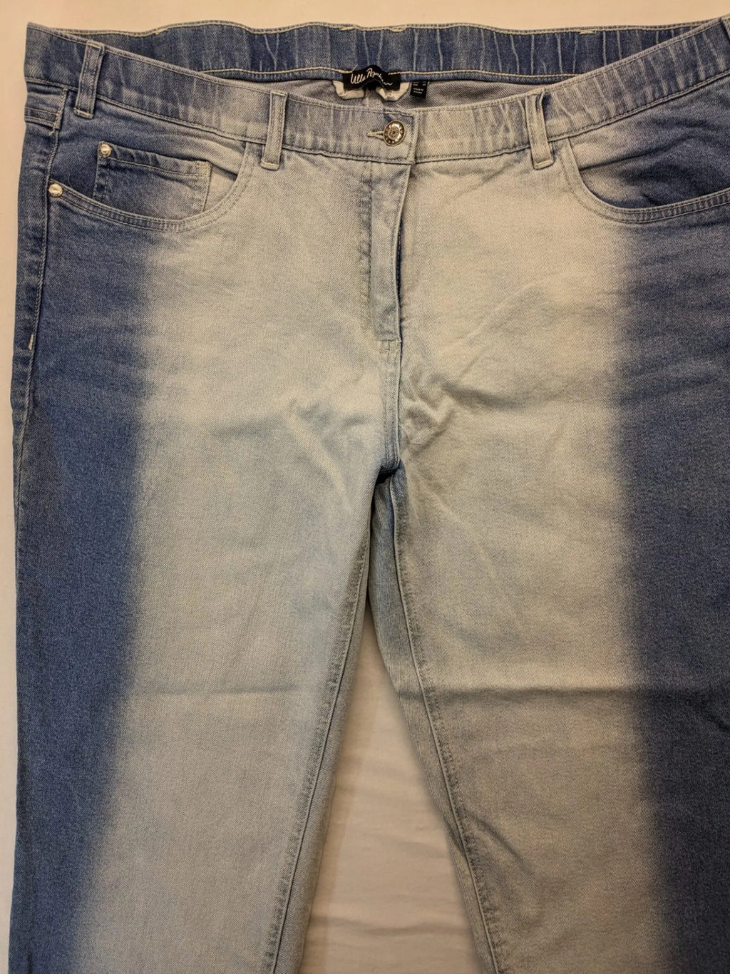 Ulla Popken blue straight jeans with used look, elastic waistband, and 5-pocket style.