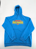 Masters of the Universe blue zip-through hoodie featuring large He-Man logo and drawstring hood.
