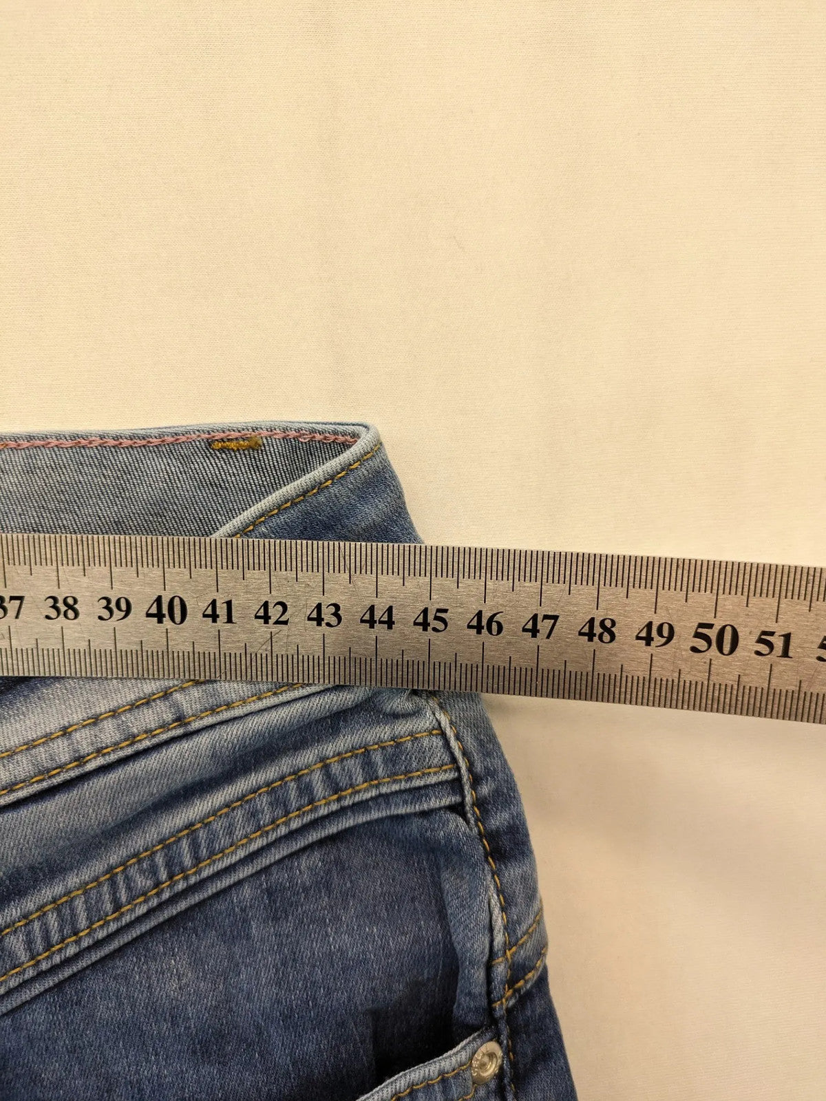Cecil straight jeans blue patchwork design with classic button fly and stretch denim.
