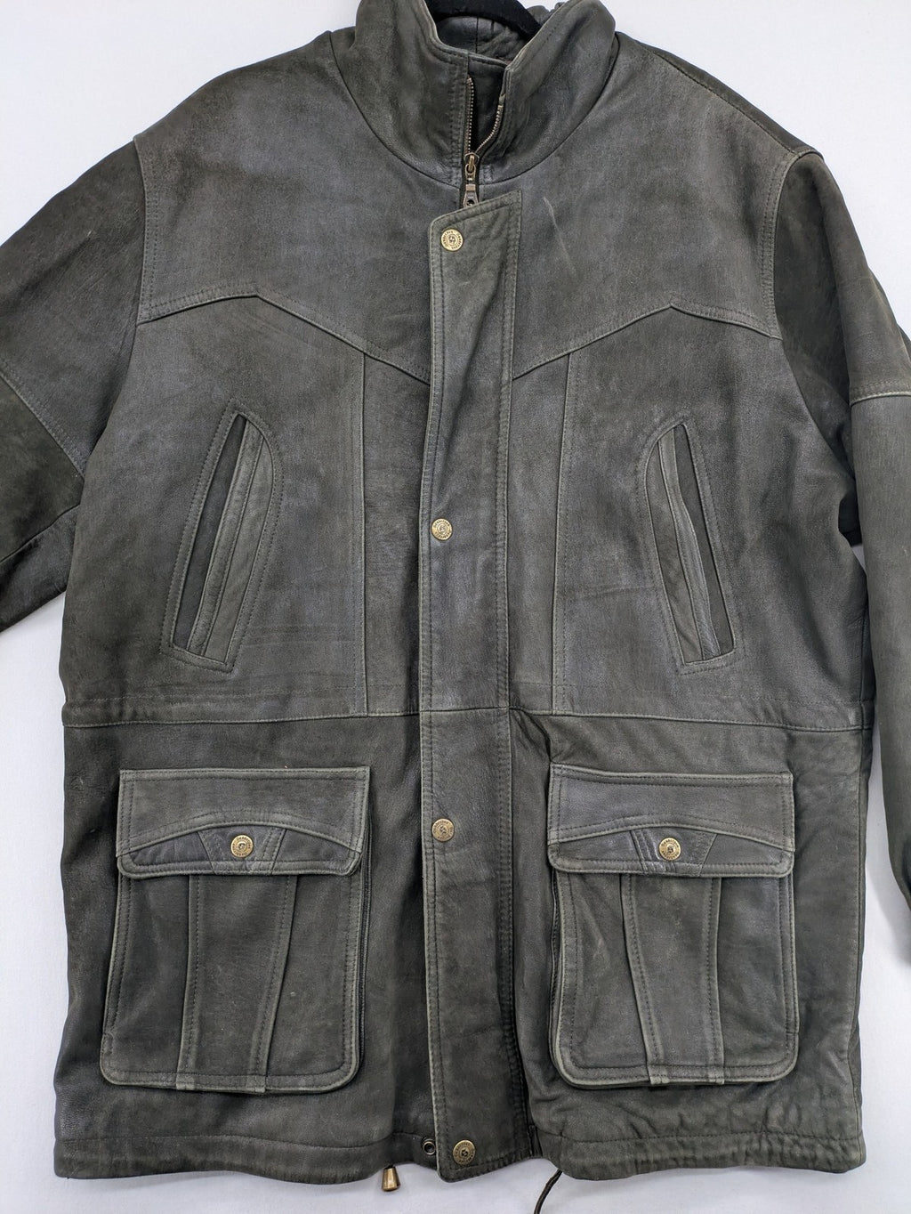 Sonderson grey leather jacket size 52, robust design with patterned lining and YKK zipper.