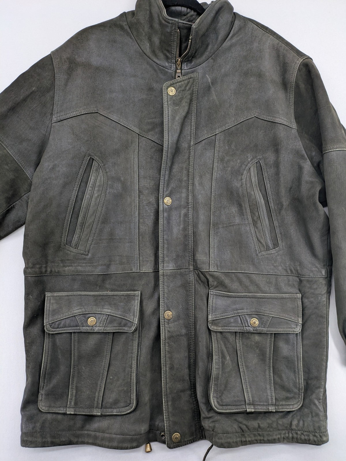 Sonderson grey leather jacket size 52, robust design with patterned lining and YKK zipper.