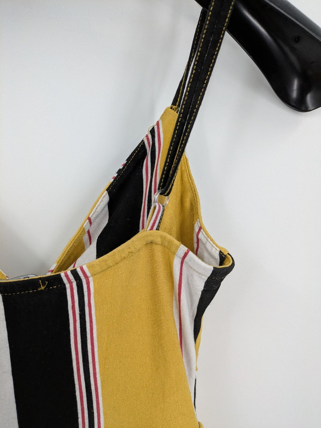Bershka multi jumpsuit vertical striped pattern yellow, black, white, knot detail, cut-out waist.