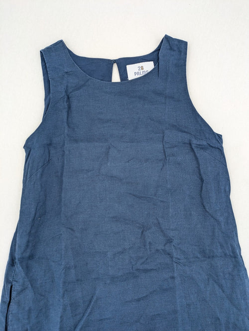 28 Palms blue A-line dress, sleeveless, 100% linen with classic round neckline.