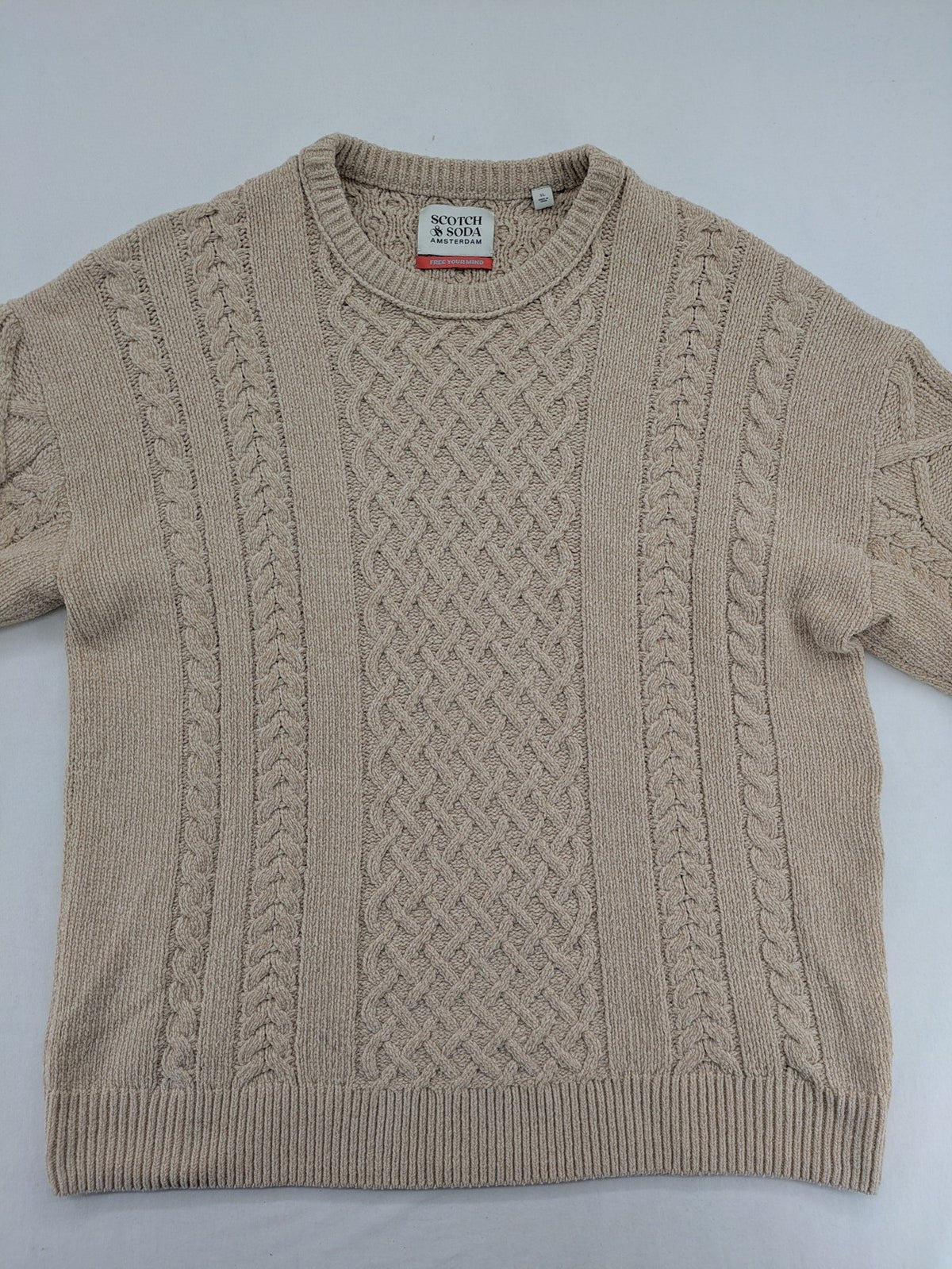 Scotch & Soda beige turtle neck jumper with intricate cable knit pattern.