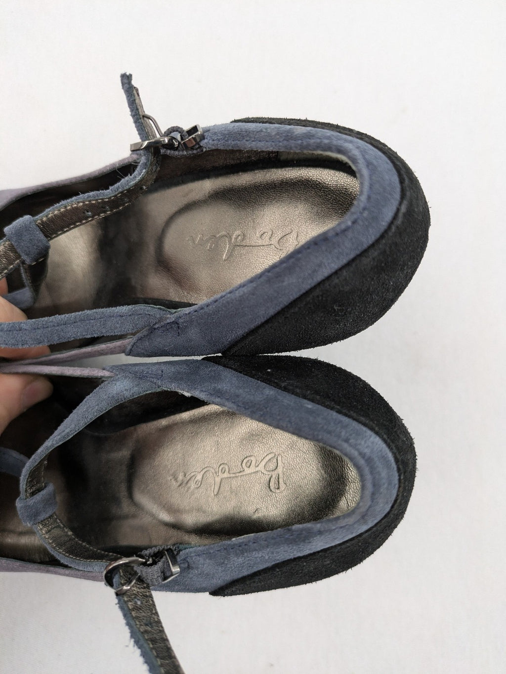 Boden multi high heels suede colorblock design with T-strap and ankle buckle.