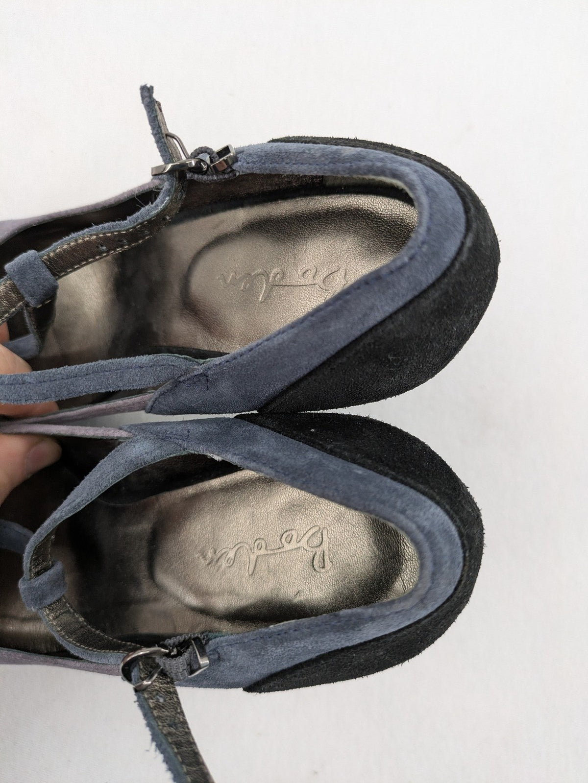 Boden multi high heels suede colorblock design with T-strap and ankle buckle.