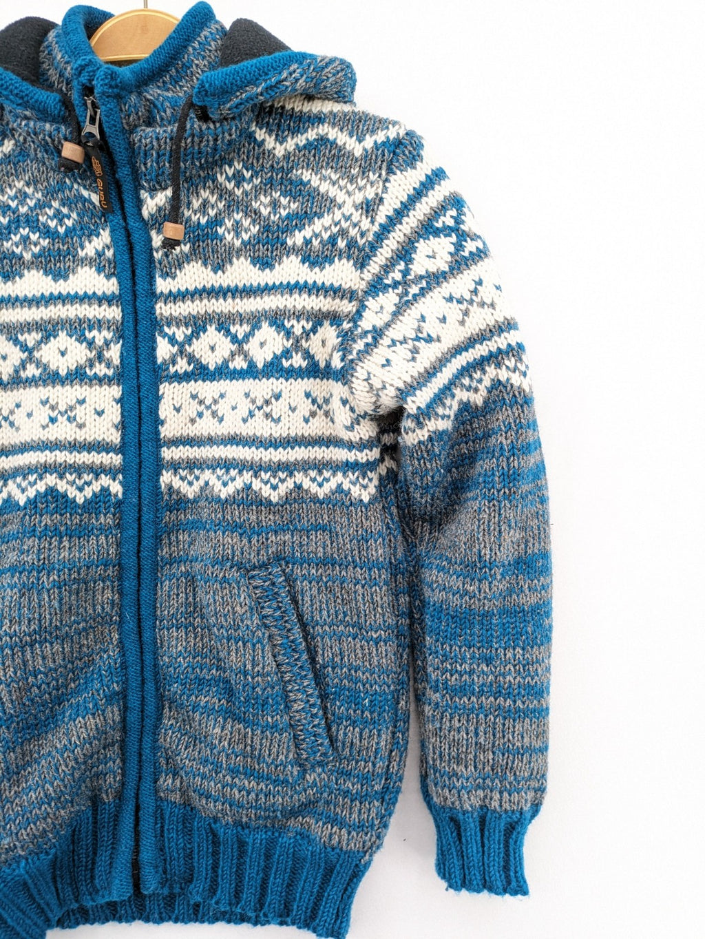 guru turtle neck jumper blue grey white fair isle pattern fleece lined zip design