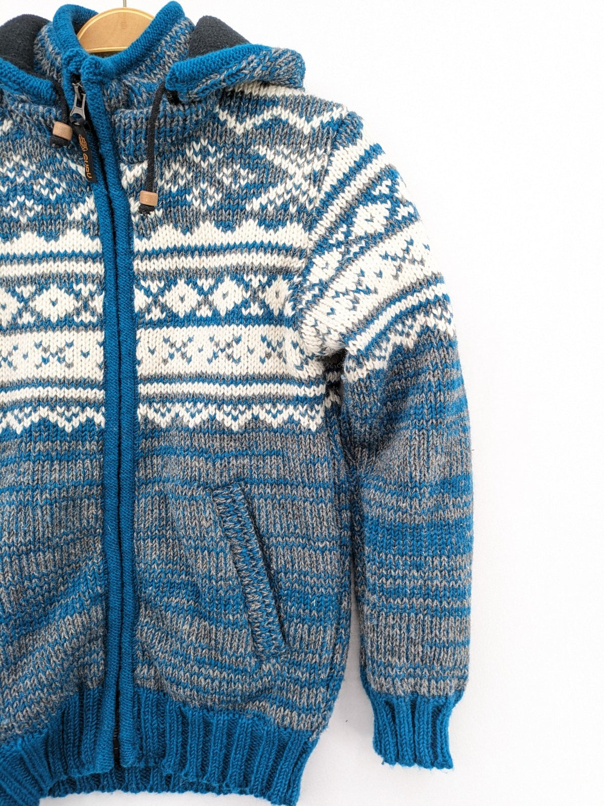 guru turtle neck jumper blue grey white fair isle pattern fleece lined zip design