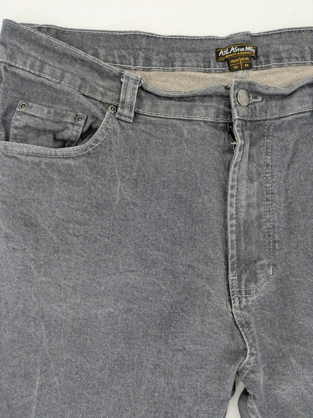 Atlas For Men grey straight jeans 5-pocket design with stretch material for comfort.