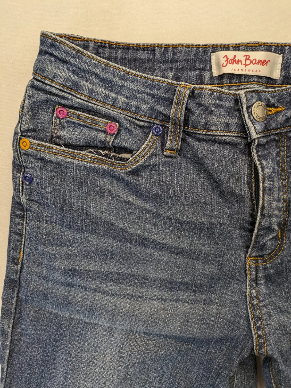 john baner blue straight jeans 5-pocket design with colorful rivets and whiskering effects