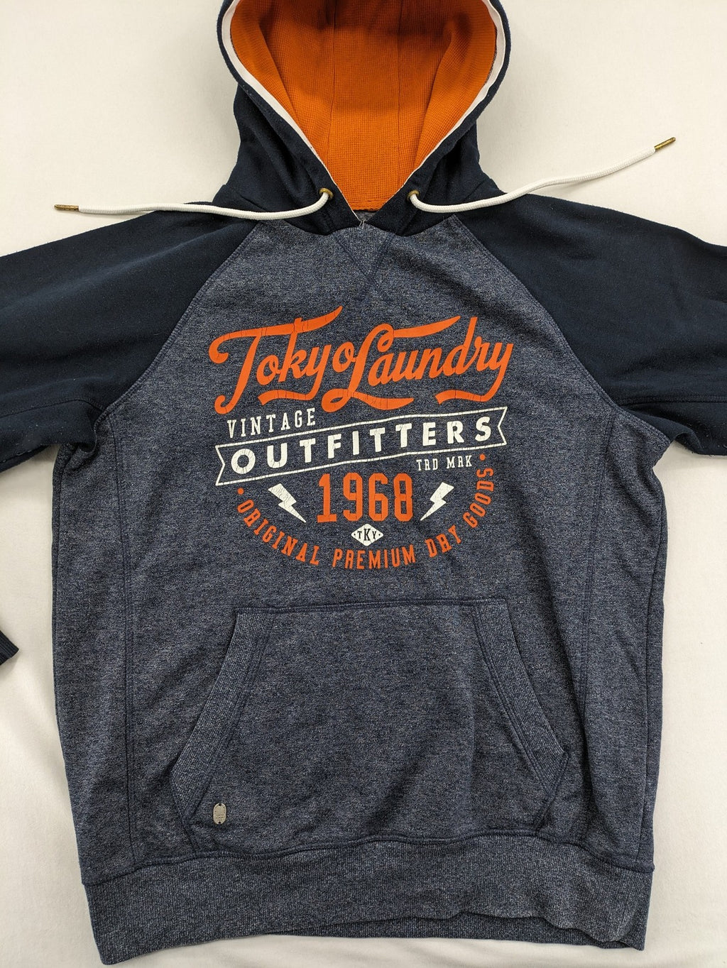 Tokyo Laundry orange zip-through hoodie with vintage graphic print and contrasting hood lining.