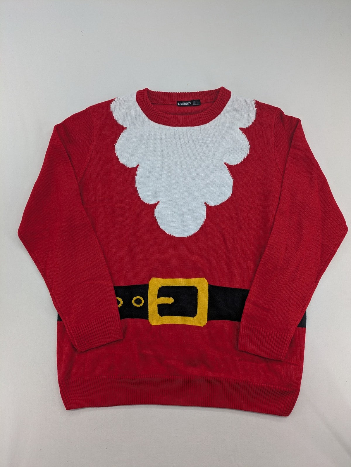 Livergy red turtle neck jumper festive Santa design with white collar and belt pattern.