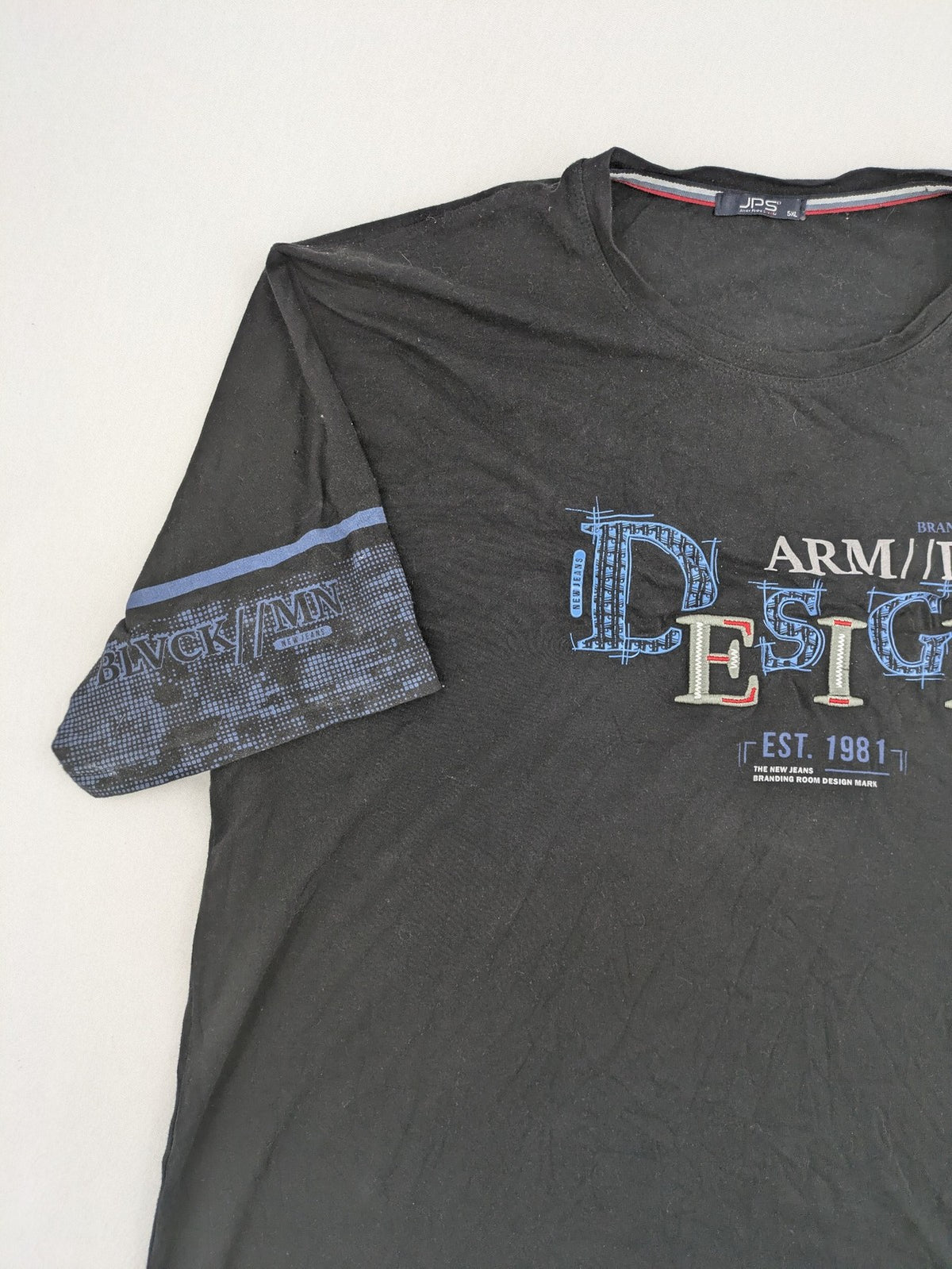 Pedro multi graphic t-shirt size 5XL with embroidered design and contrasting sleeve patterns.