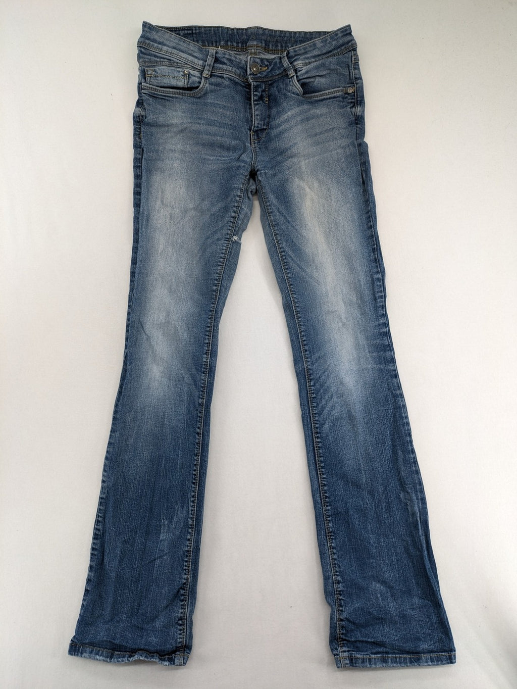 C&A blue bootcut jeans with faded denim and low rise fit, made from cotton blend.