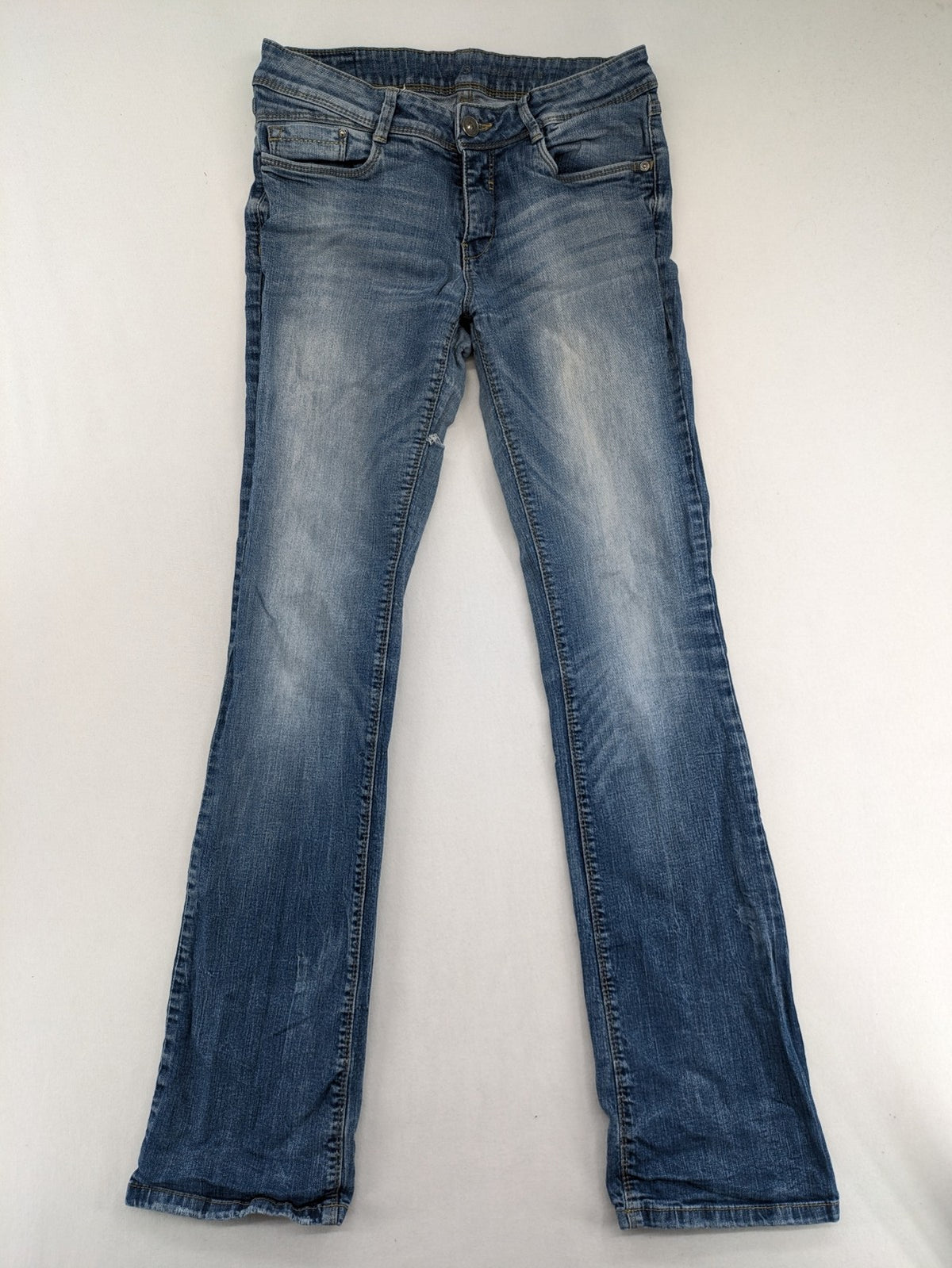 C&A blue bootcut jeans with faded denim and low rise fit, made from cotton blend.