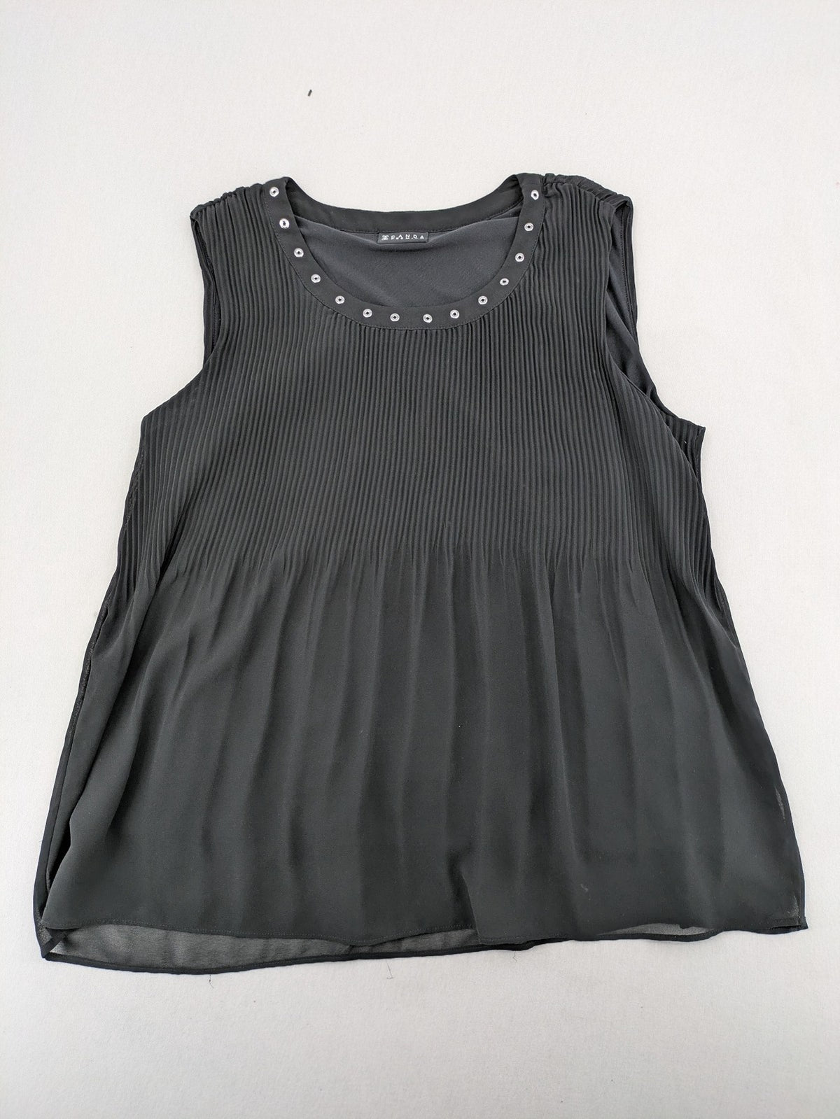 C&A grey top sleeveless pleated chiffon overlay with silver studs at neckline