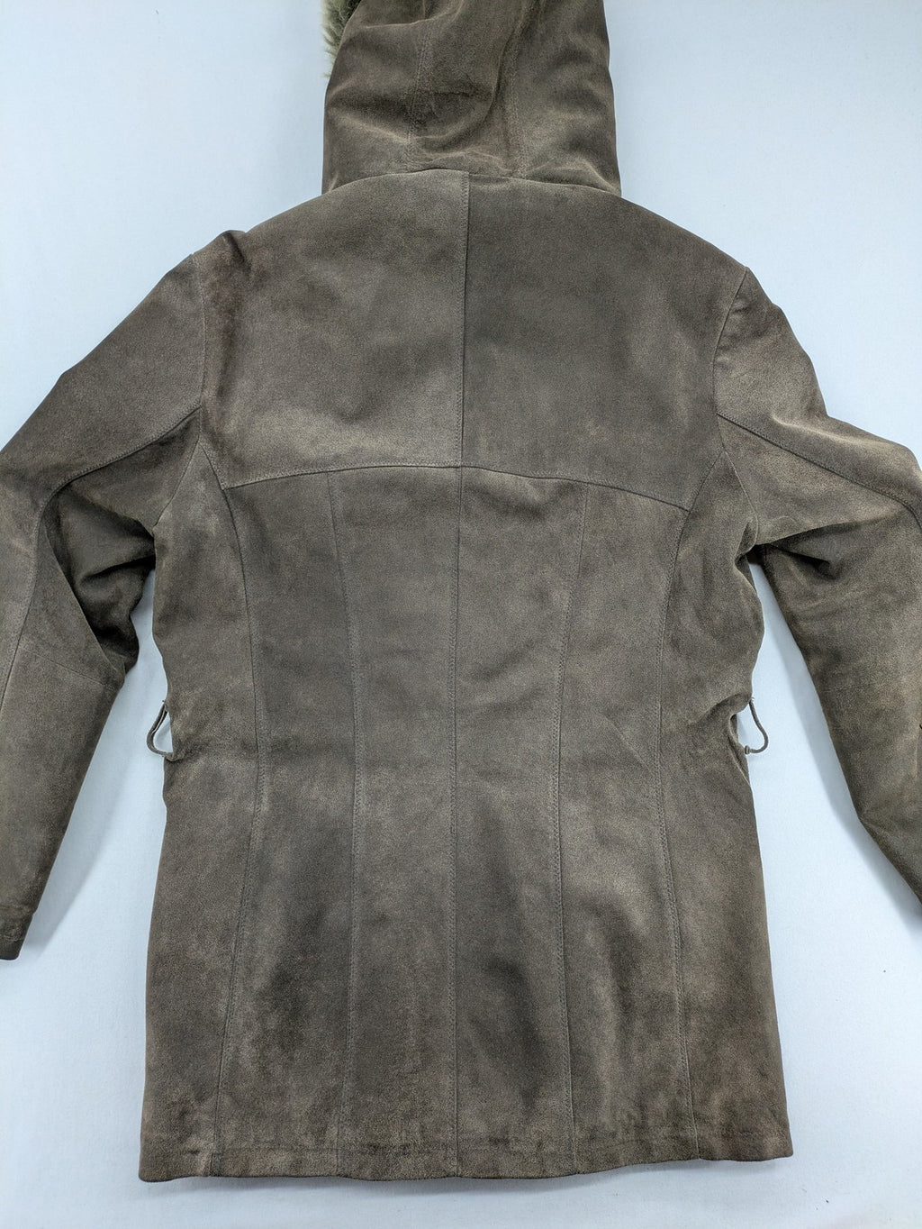 tcm brown suede parka coat with faux fur hood and fully lined interior