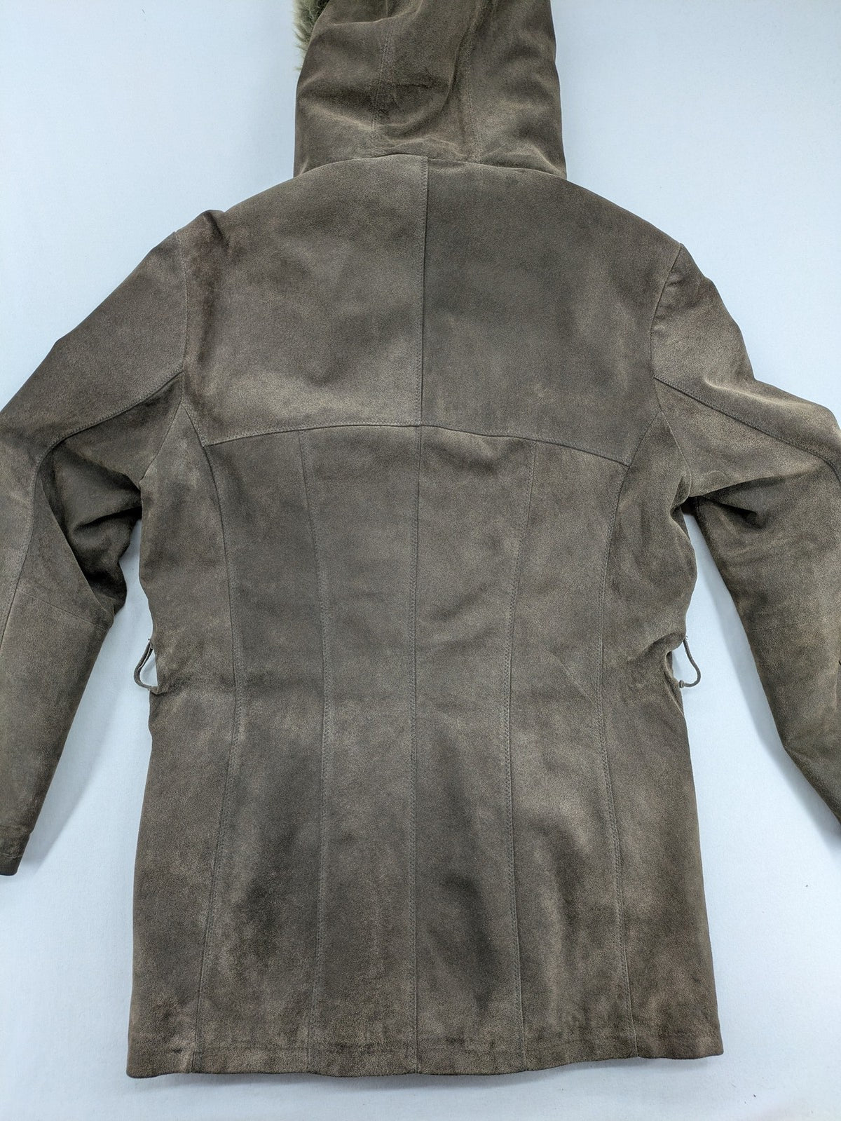 tcm brown suede parka coat with faux fur hood and fully lined interior