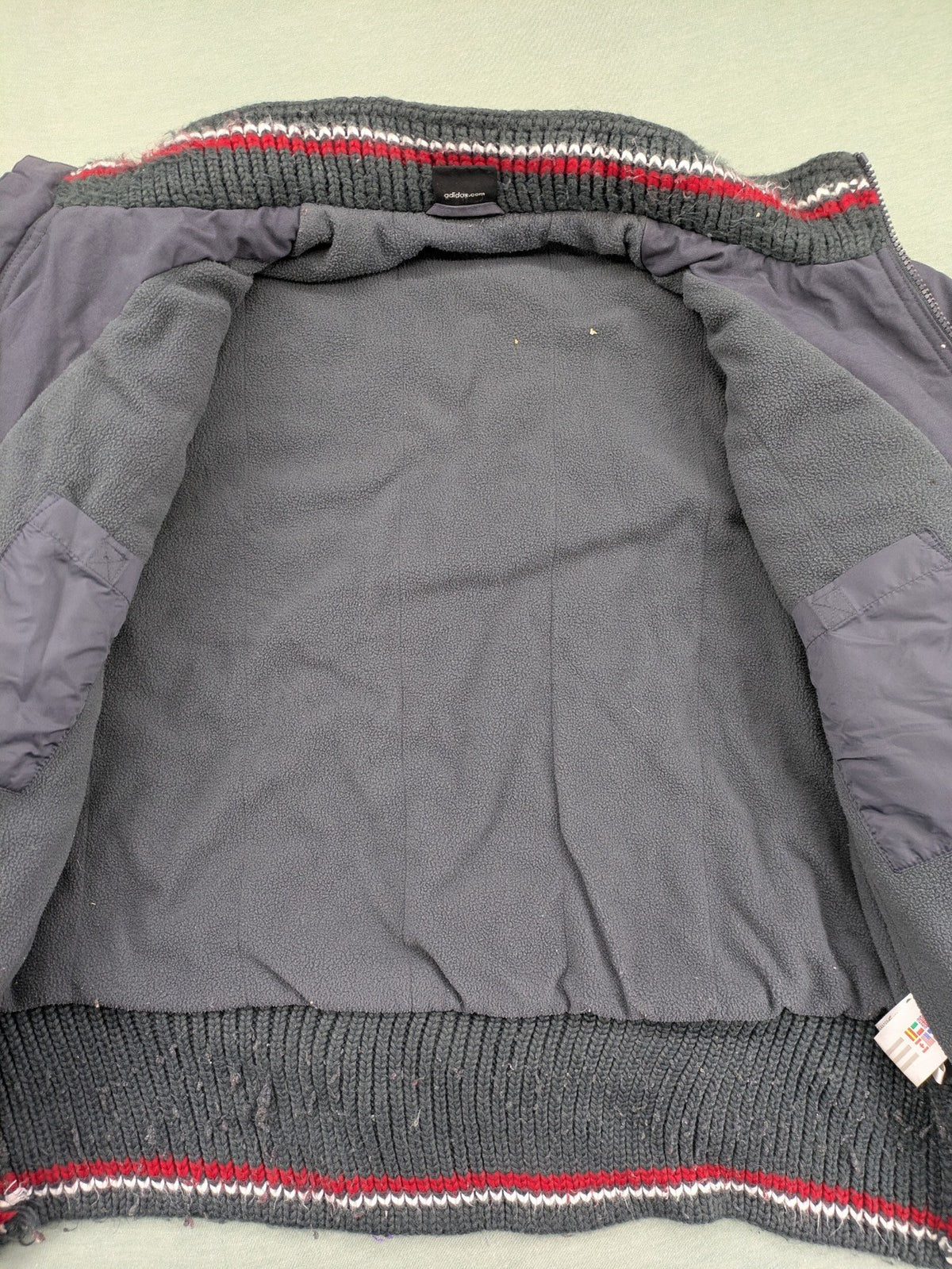 Adidas vintage bomber jacket multi colour fleece lined big logo on back