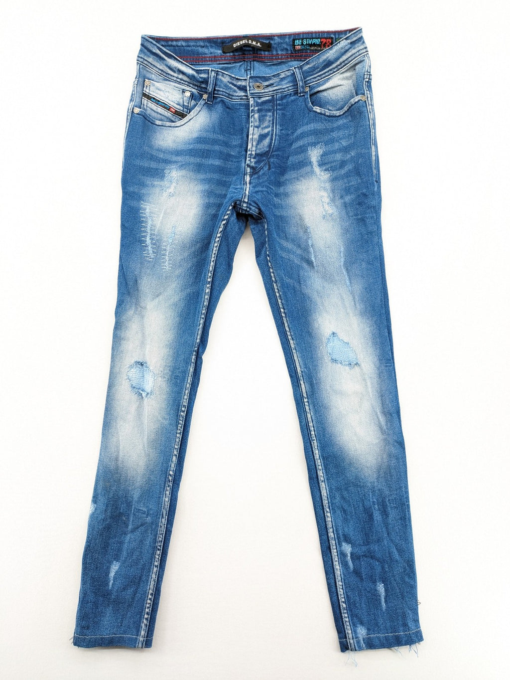 Diesel blue straight jeans with distressed details and ripped accents, made of cotton.