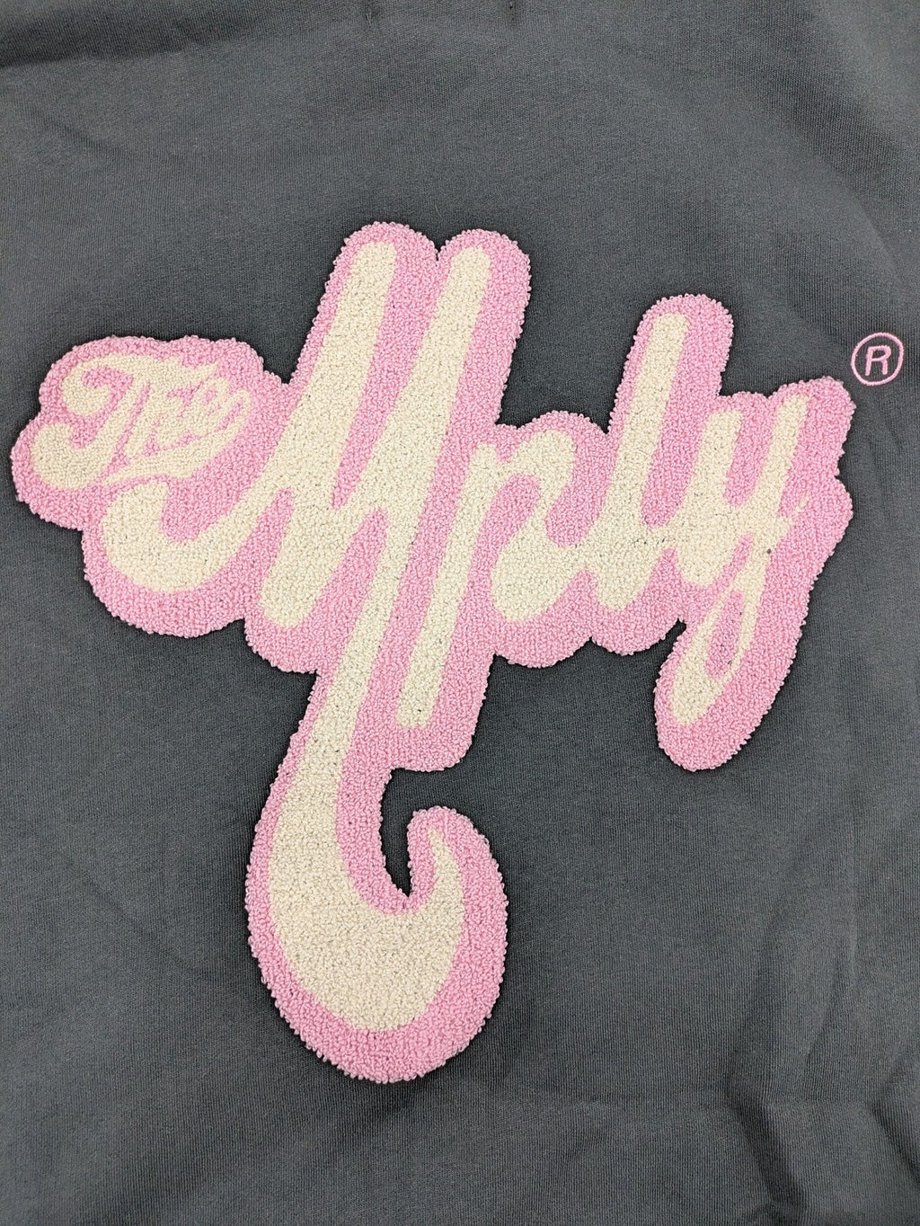 Multiply pink zip-through hoodie with large chenille logo backprint and front logo embroidery.