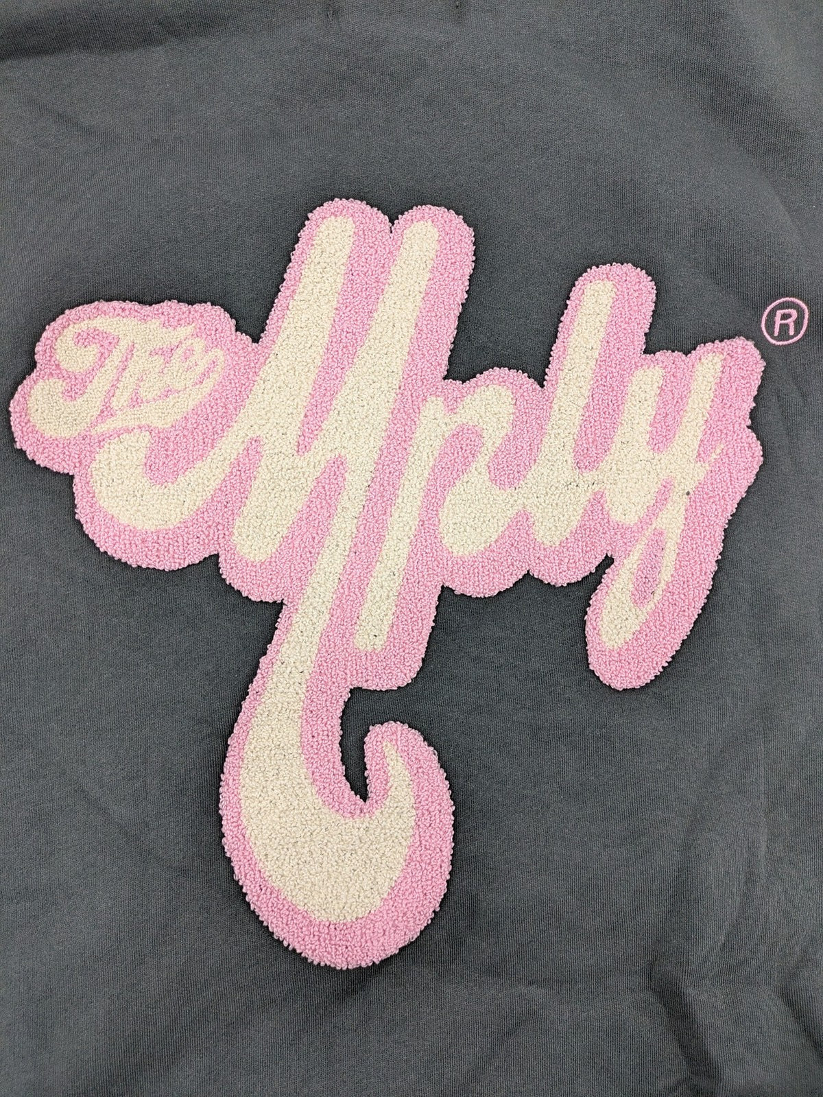 Multiply pink zip-through hoodie with large chenille logo backprint and front logo embroidery.