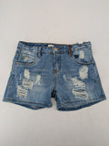 Daysie blue boyfriend jeans shorts with distressed rips and classic 5-pocket design.