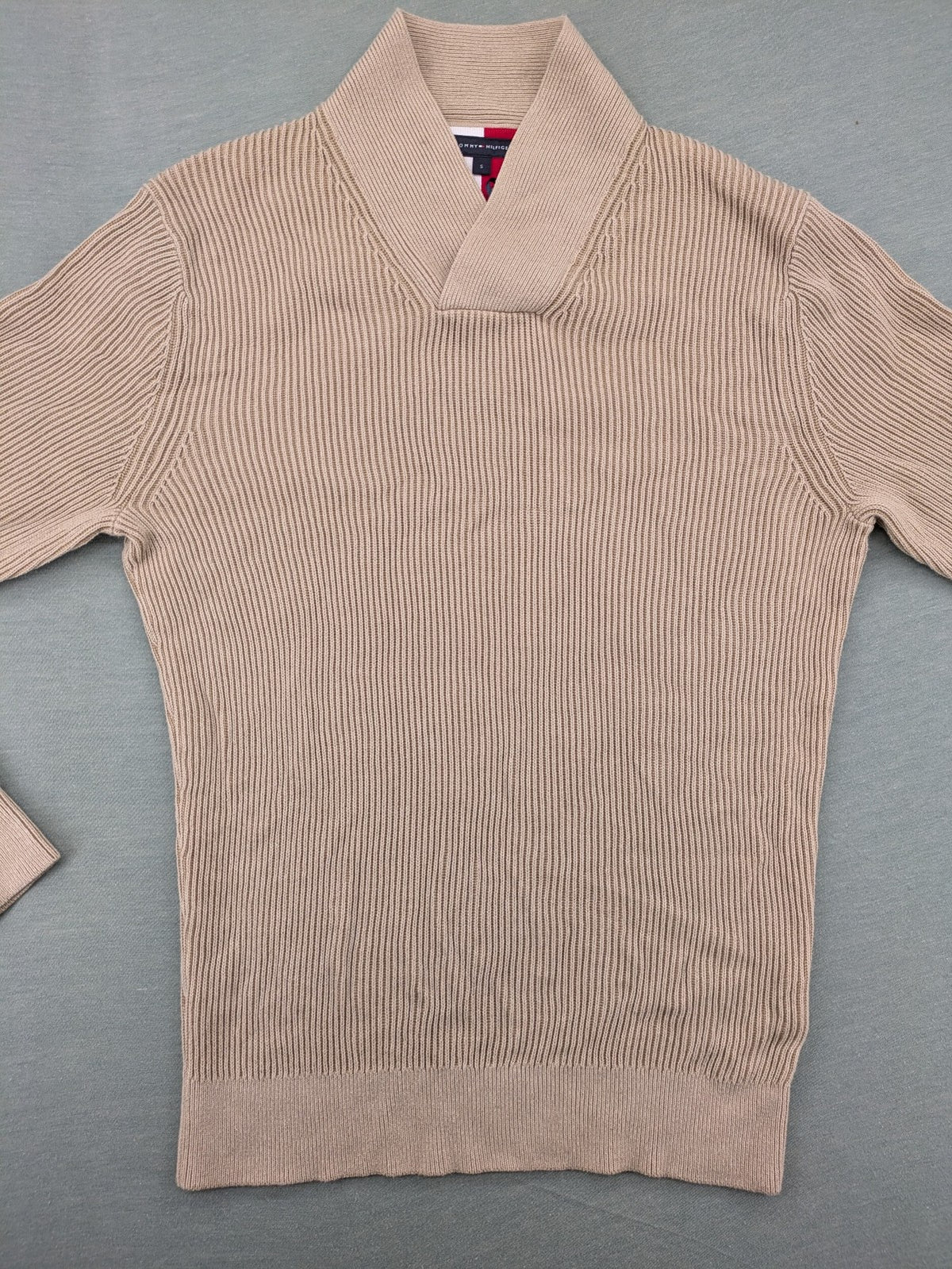 Tommy Hilfiger beige turtle neck jumper ribbed knit 100% cotton with shawl collar.