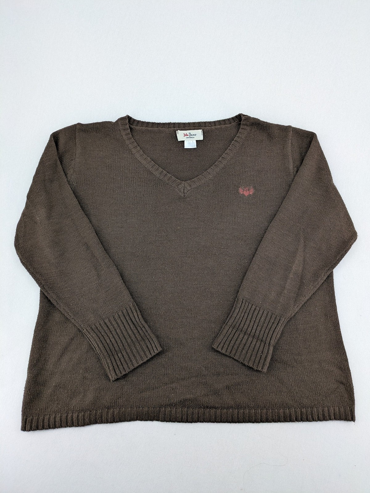 john baner brown turtle neck jumper soft knit with embroidered logo on chest