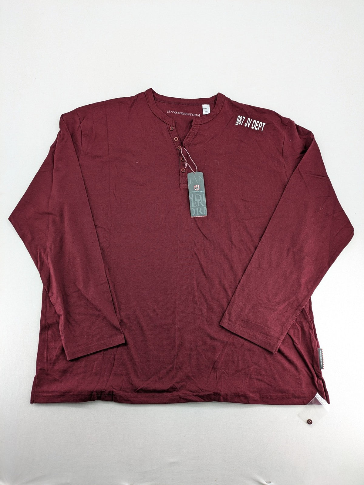 Jan Vanderstorm burgundy Henley shirt with button placket and "087 JV DEPT" graphic print.