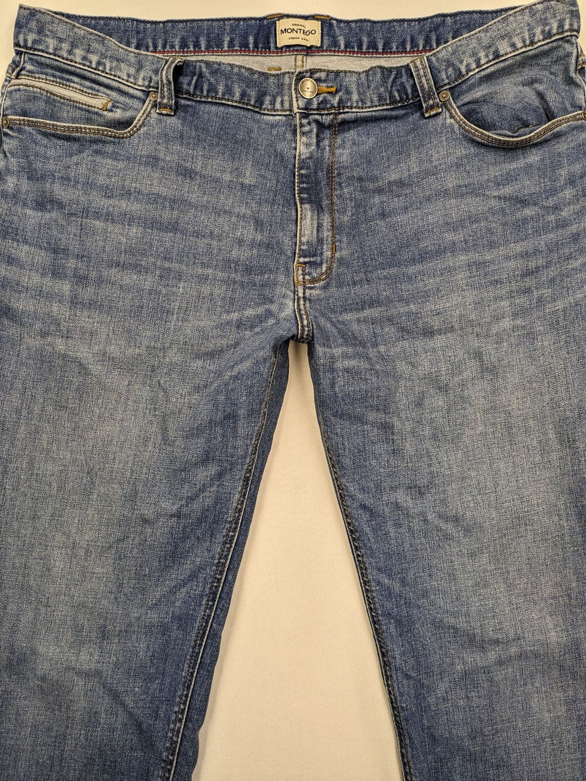 Montego blue straight jeans with stretch denim, classic design, and regular fit.