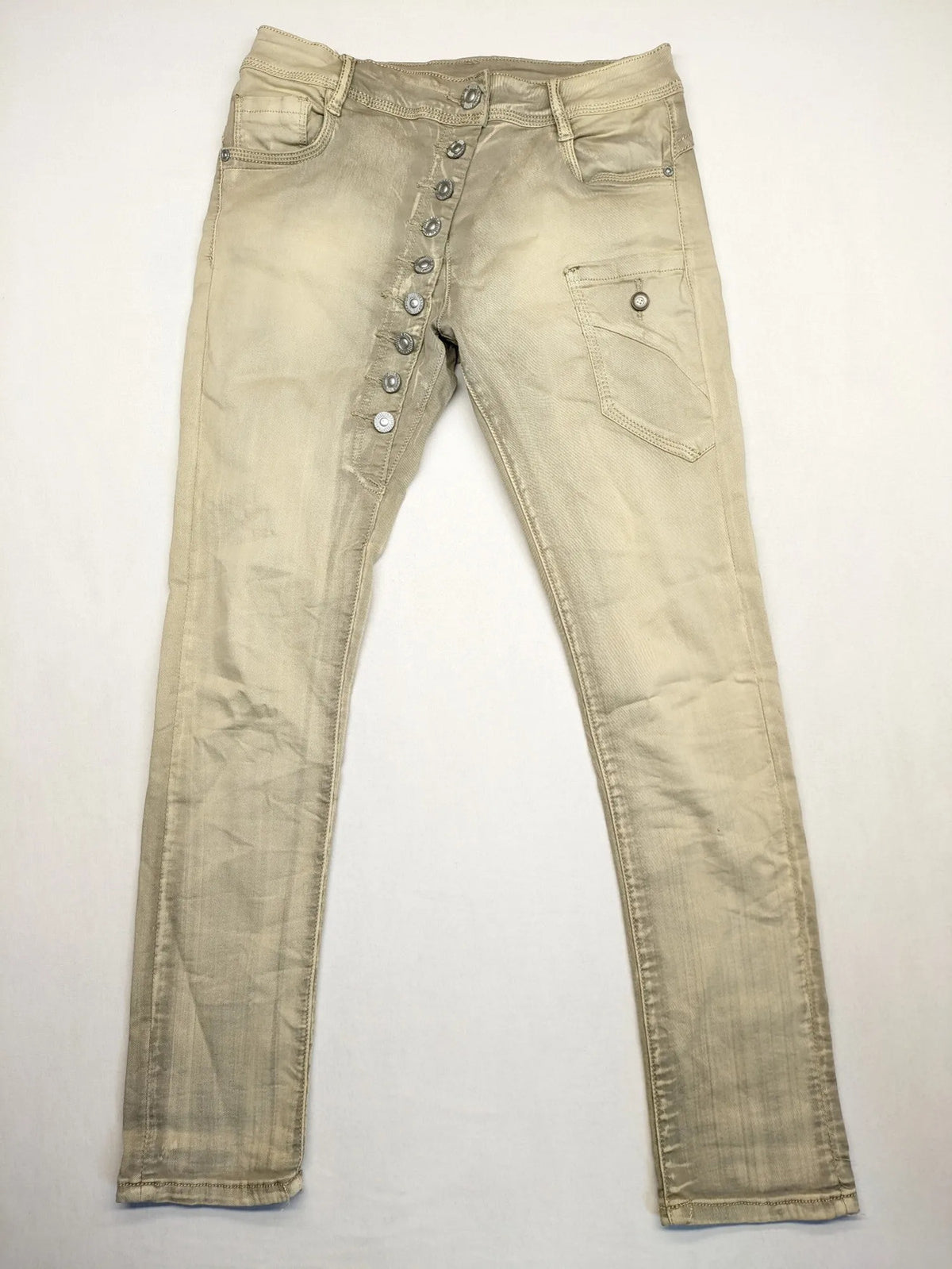 Mozaar beige straight jeans with unique asymmetrical button placket and practical pockets.