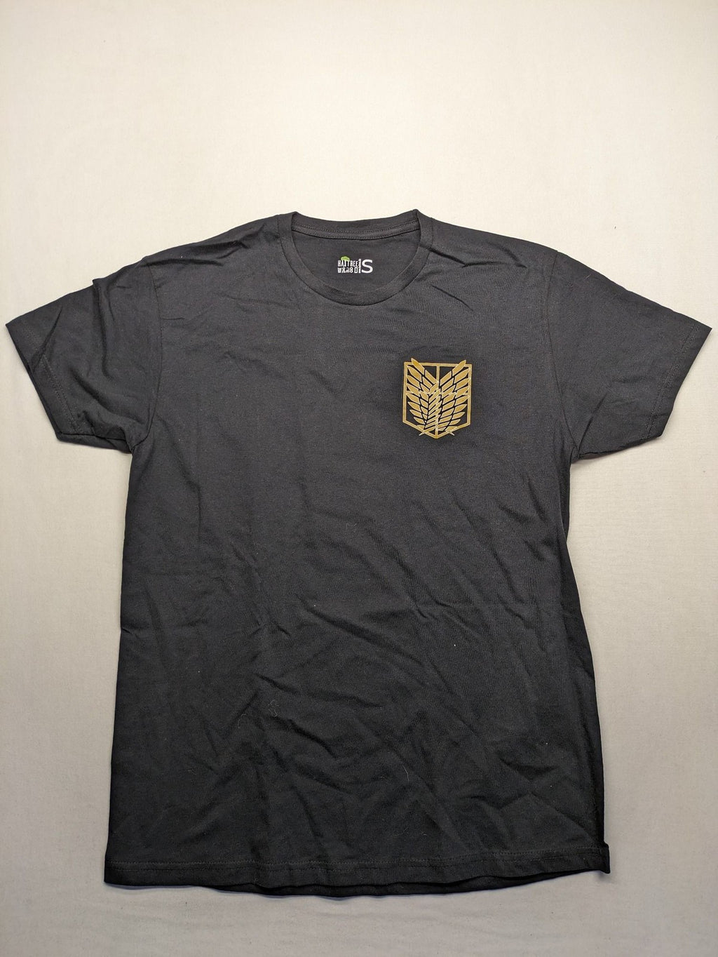 Attack On Titan black t-shirt gold Scout Regiment Wings of Freedom logo front and back.