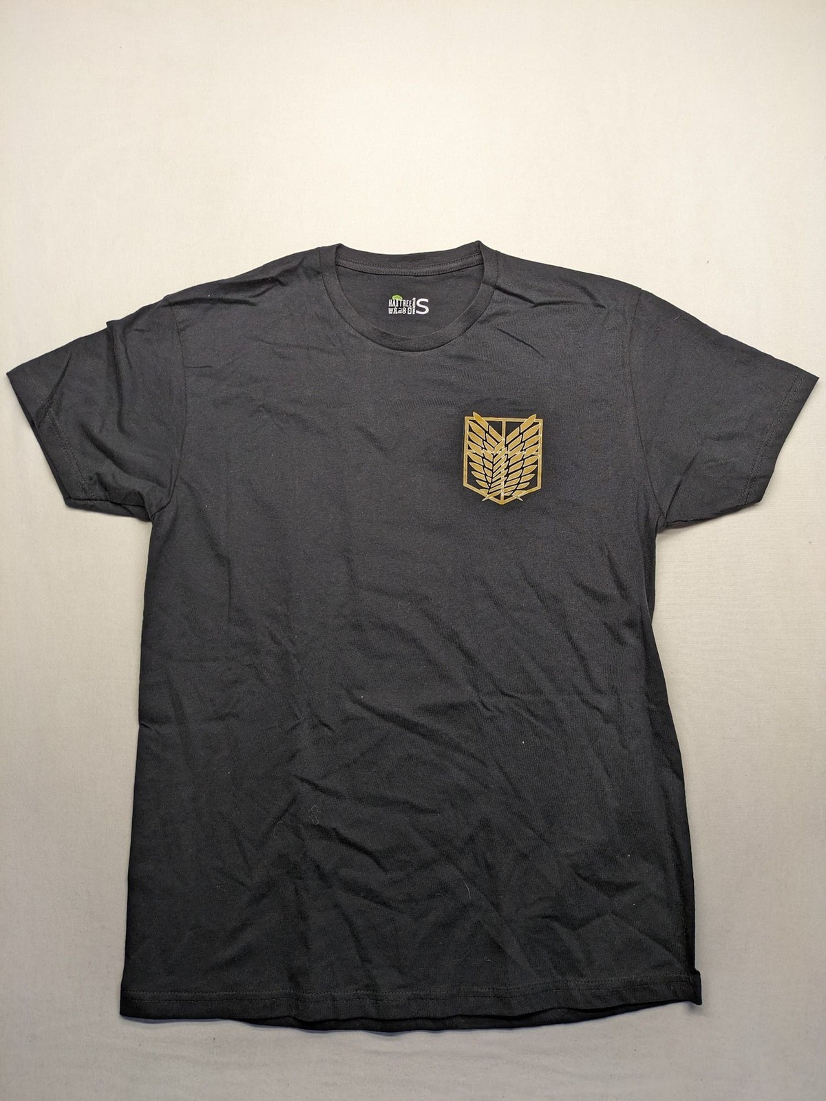 Attack On Titan black t-shirt gold Scout Regiment Wings of Freedom logo front and back.