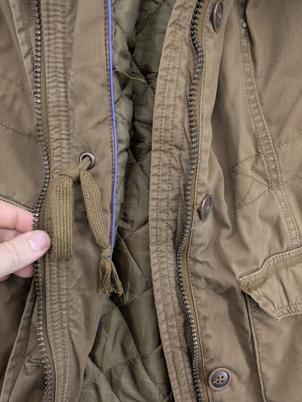 Cecilia Classics brown jacket quilted cotton with adjustable waist and zipper-button closure.