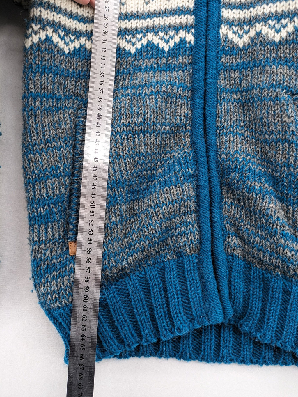 guru turtle neck jumper blue grey white fair isle pattern fleece lined zip design