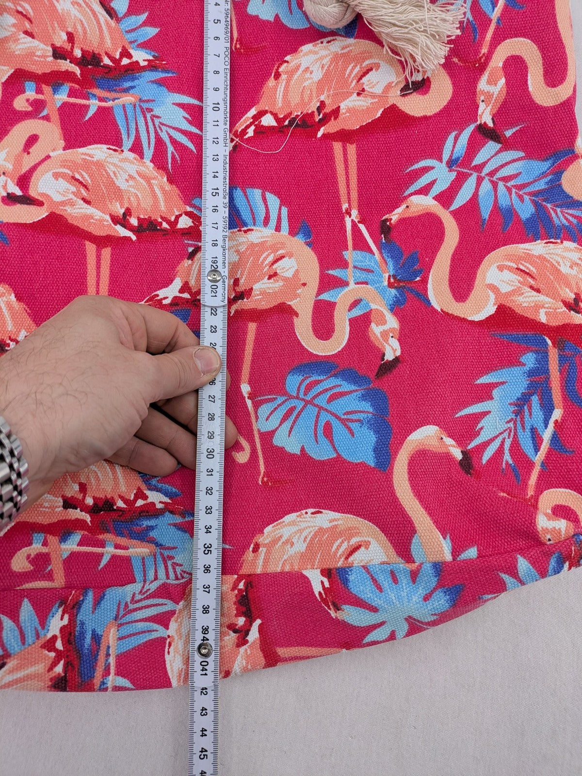 Flamingo pink shopping tote with vibrant tropical flamingo and palm leaf pattern.