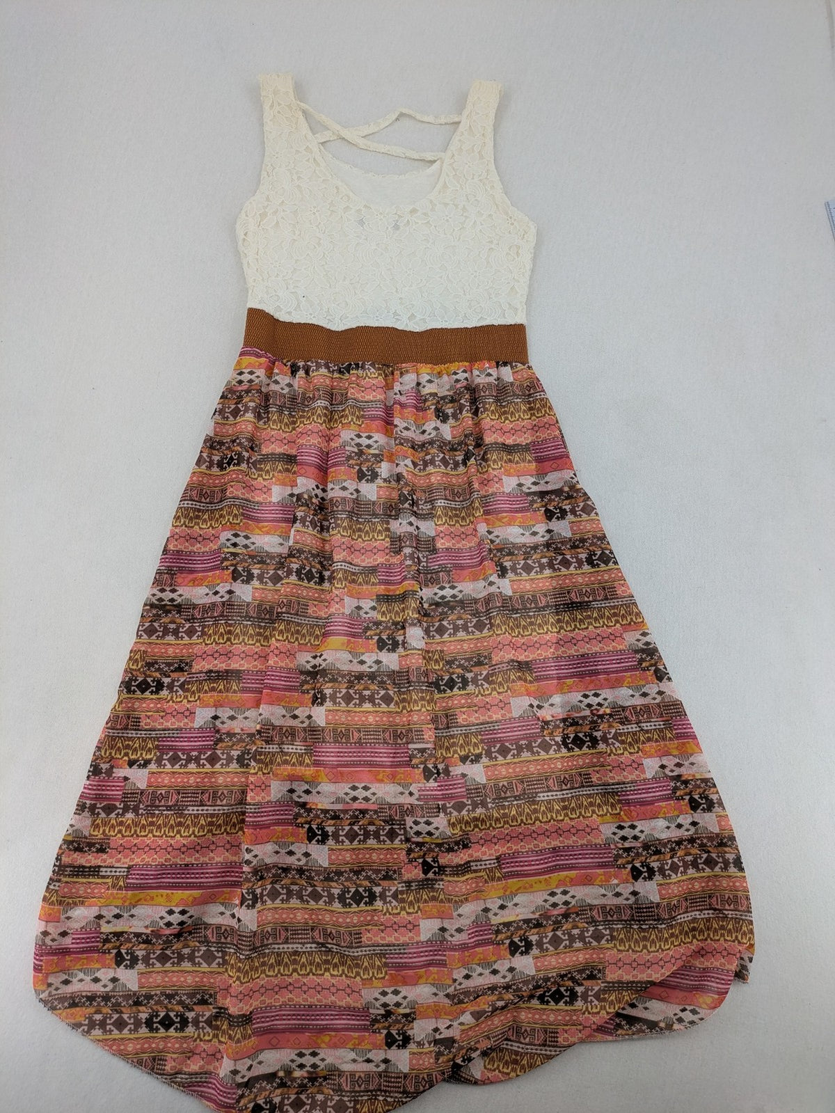 Boho multi summer dress white lace bodice with crossed straps and high-low hem.