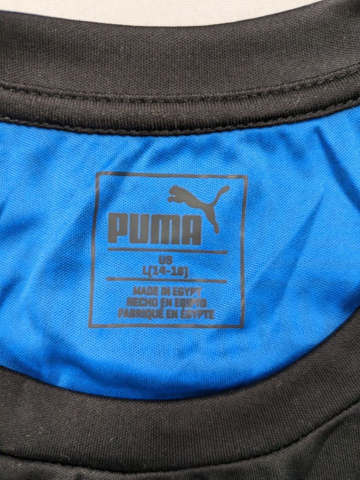 Puma black performance T-shirt with blue geometric side panels and iconic logo.