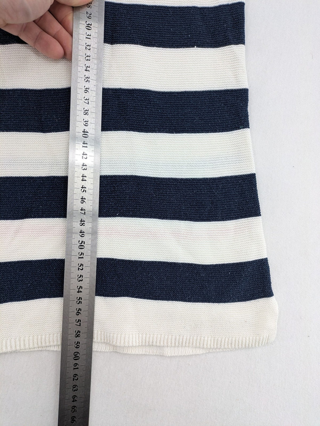 Tom Tailor cream turtle neck jumper with navy stripes and red accent, featuring anchor embroidery.