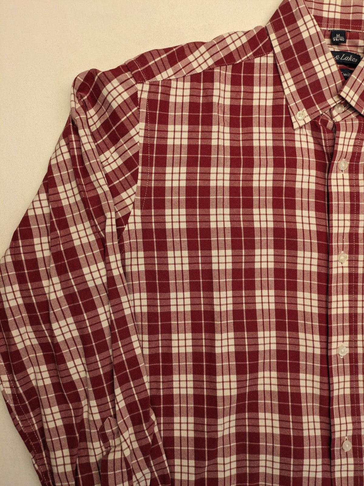 Rover & Lakes red checkered long sleeve shirt, button-down collar, 100% cotton twill.