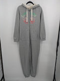 ESMARA cream jumpsuit with hood, graphic print, and front zipper, soft material.