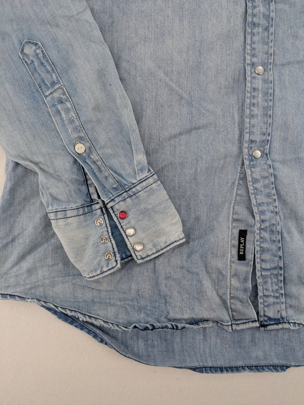 Replay denim western shirt light blue with pearl snap buttons and iconic yoke design.